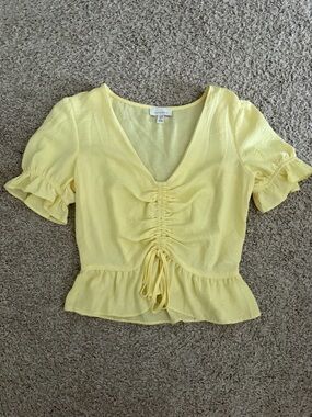 Topshop Yellow Ruched V-Neck Peplum Blouse